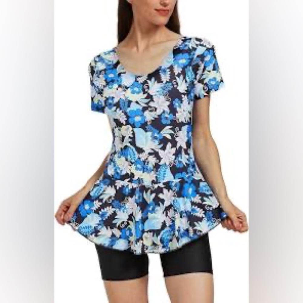One Piece Swim Dress Modest Swimsuit Floral Leaf Prints, size 10-12